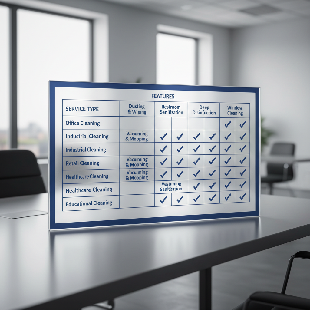 a comparison table illustrating different types of commercial cleaning services with checkmarks for included features.