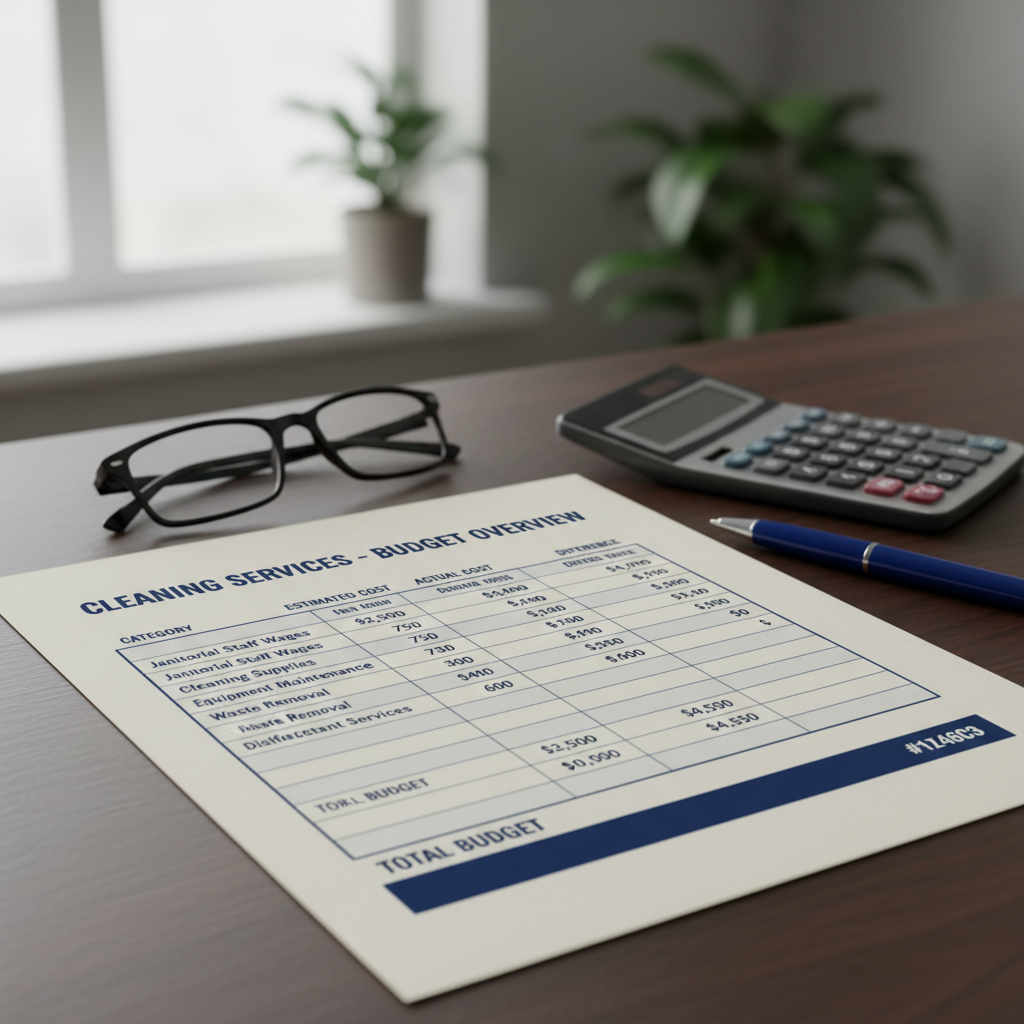 a financial spreadsheet or ledger with figures related to cleaning costs, showing a balanced budget.