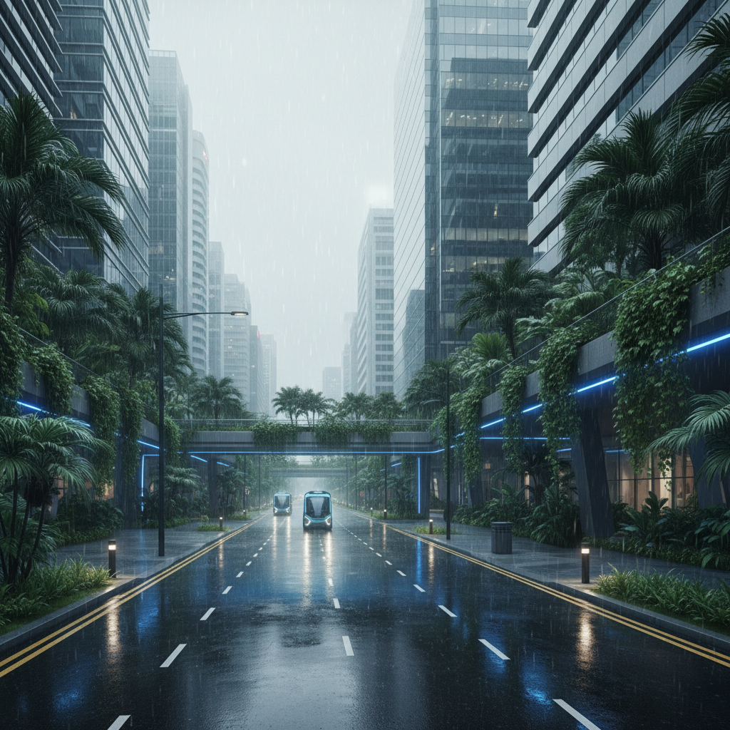 a vibrant street scene in Singapore with modern architecture, lush tropical plants, and a light rain shower beginning to - what to pack for singapore