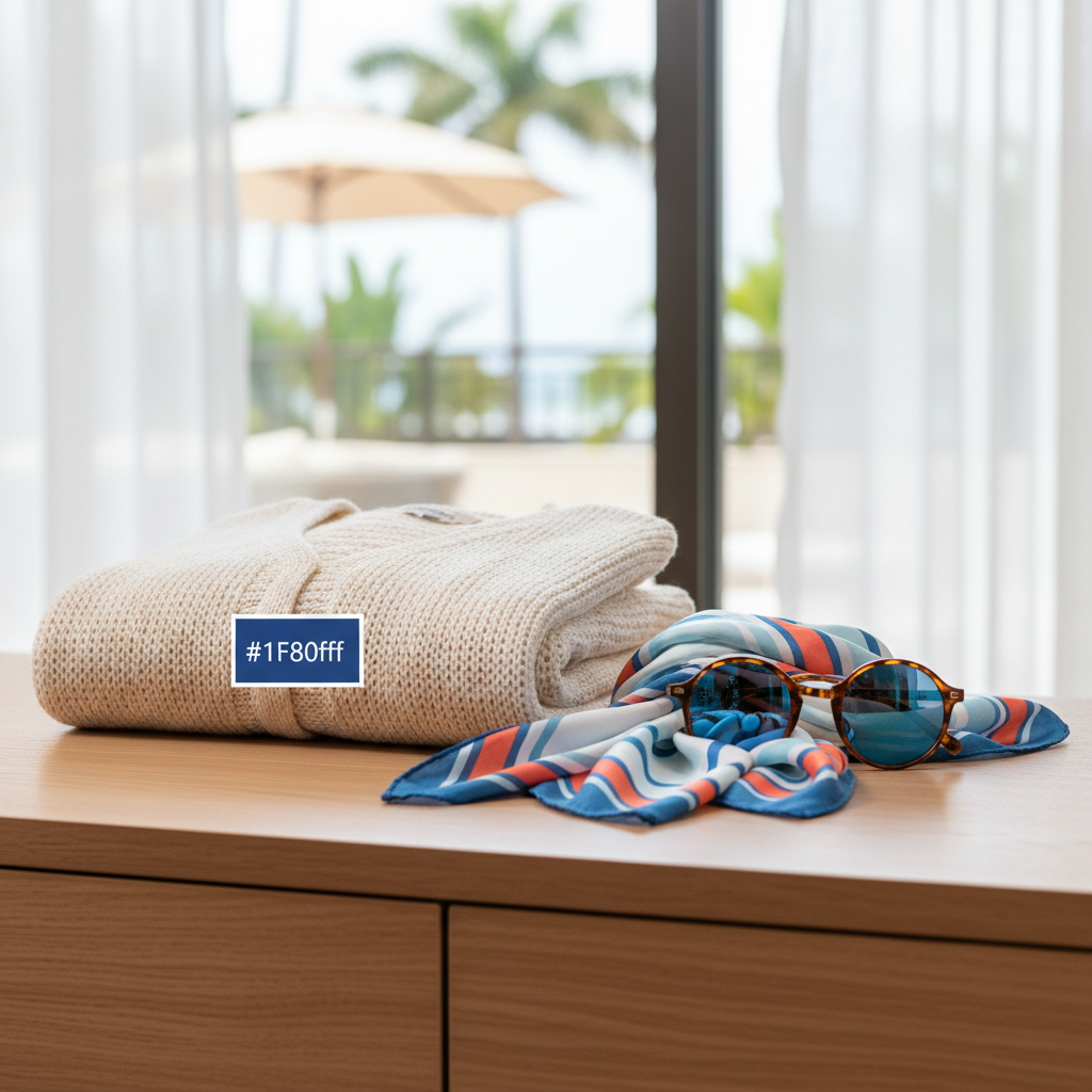 a cozy light cardigan folded neatly next to a lightweight scarf and a pair of sunglasses, indicating preparation for ind - what to pack for singapore