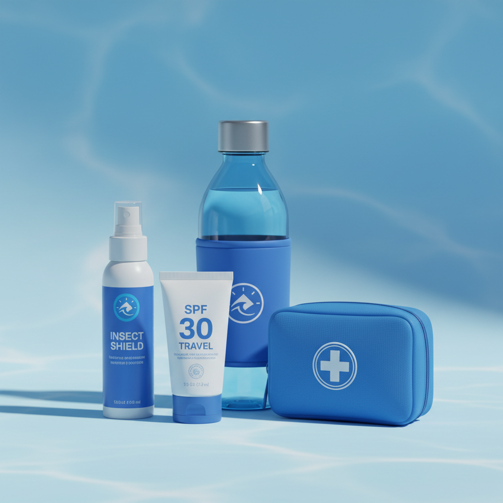 a close-up of travel-sized sunscreen, insect repellent, a small first-aid kit, and a reusable water bottle neatly arrang - what to pack for singapore
