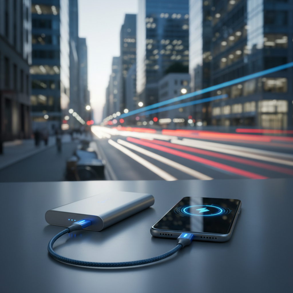 a sleek, modern portable power bank charging a smartphone, with a blurred backdrop of a city street at dusk, symbolizing - what to pack for singapore