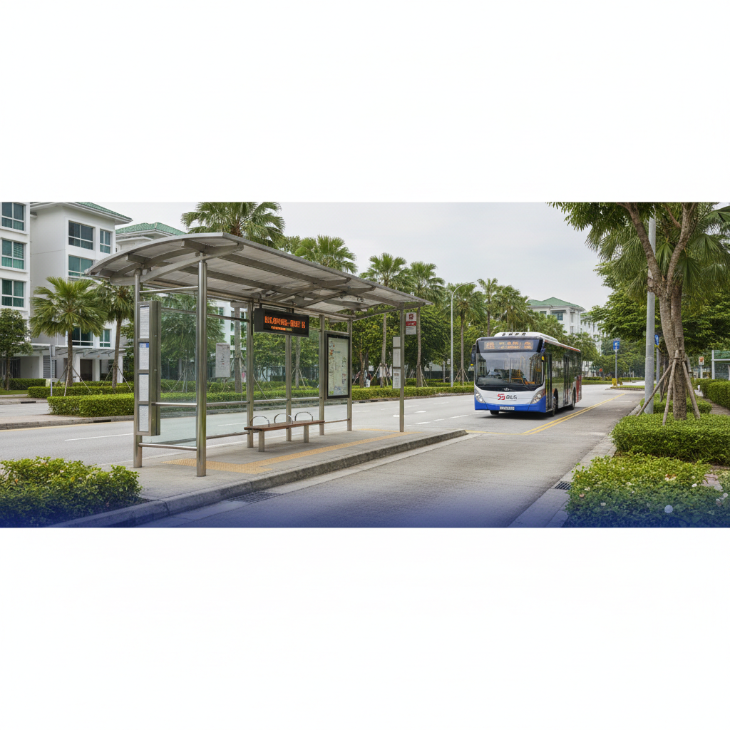 a quiet, well-maintained bus stop in Singapore with an access ramp, featuring a modern, accessible public bus approachin - transport for special needs