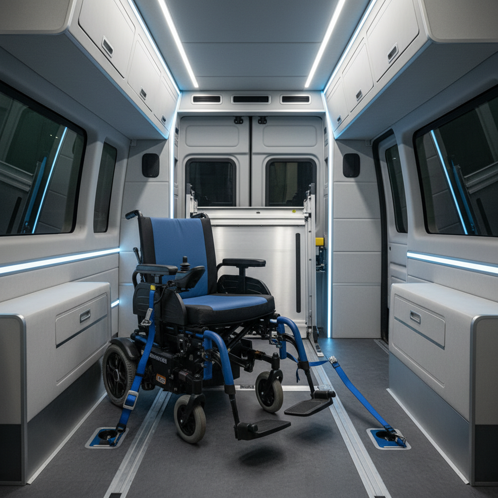a custom-fitted interior of a large modern van, showing a secure electric wheelchair anchored safely, with a ramp visibl - transport for special needs