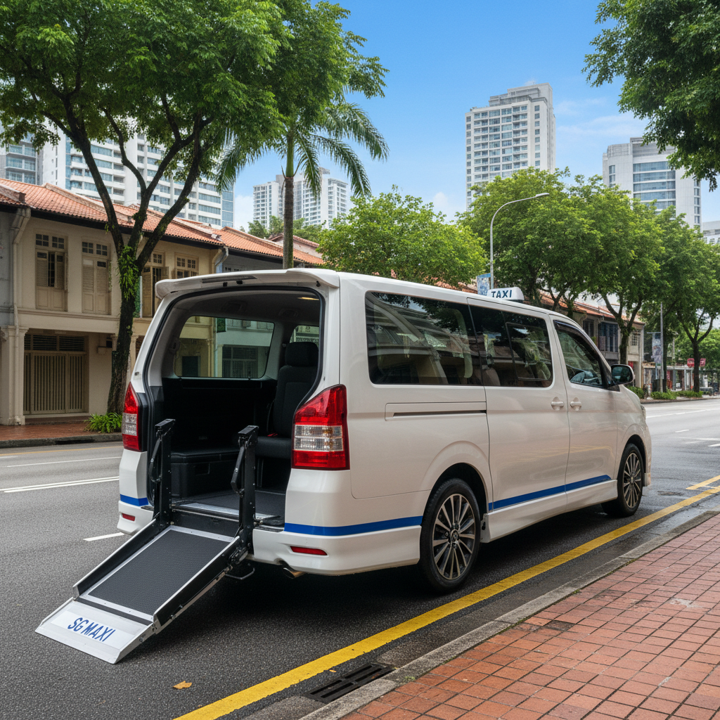 exterior shot of a modern, clean 7-seater maxicab with a deployed wheelchair ramp at the rear, parked on a Singapore str - transport for special needs