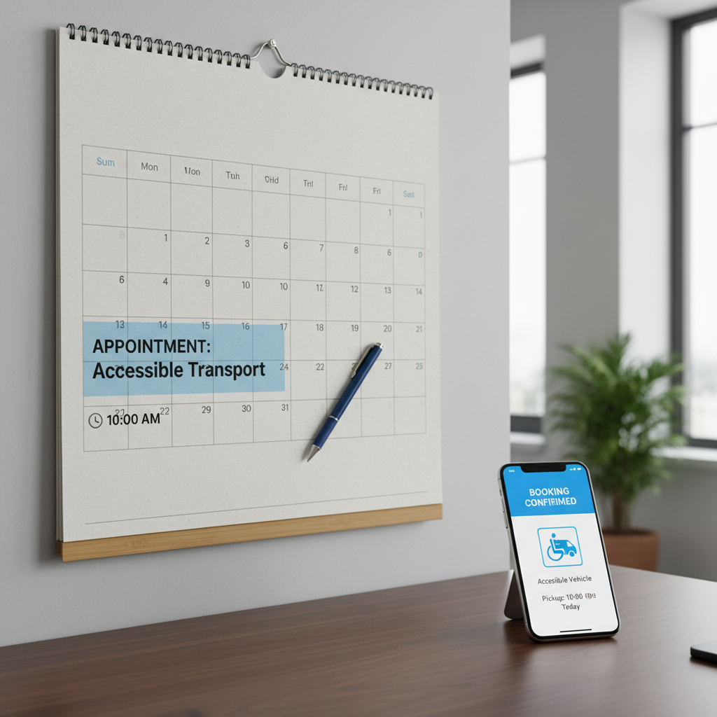 a calendar with a scheduled appointment highlighted, next to a smartphone showing a booking confirmation for an accessib - transport for special needs