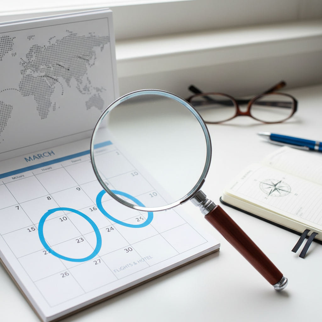 a calendar with circled dates, a magnifying glass hovering over them, representing early planning and foresight in trave - hotel booking tips