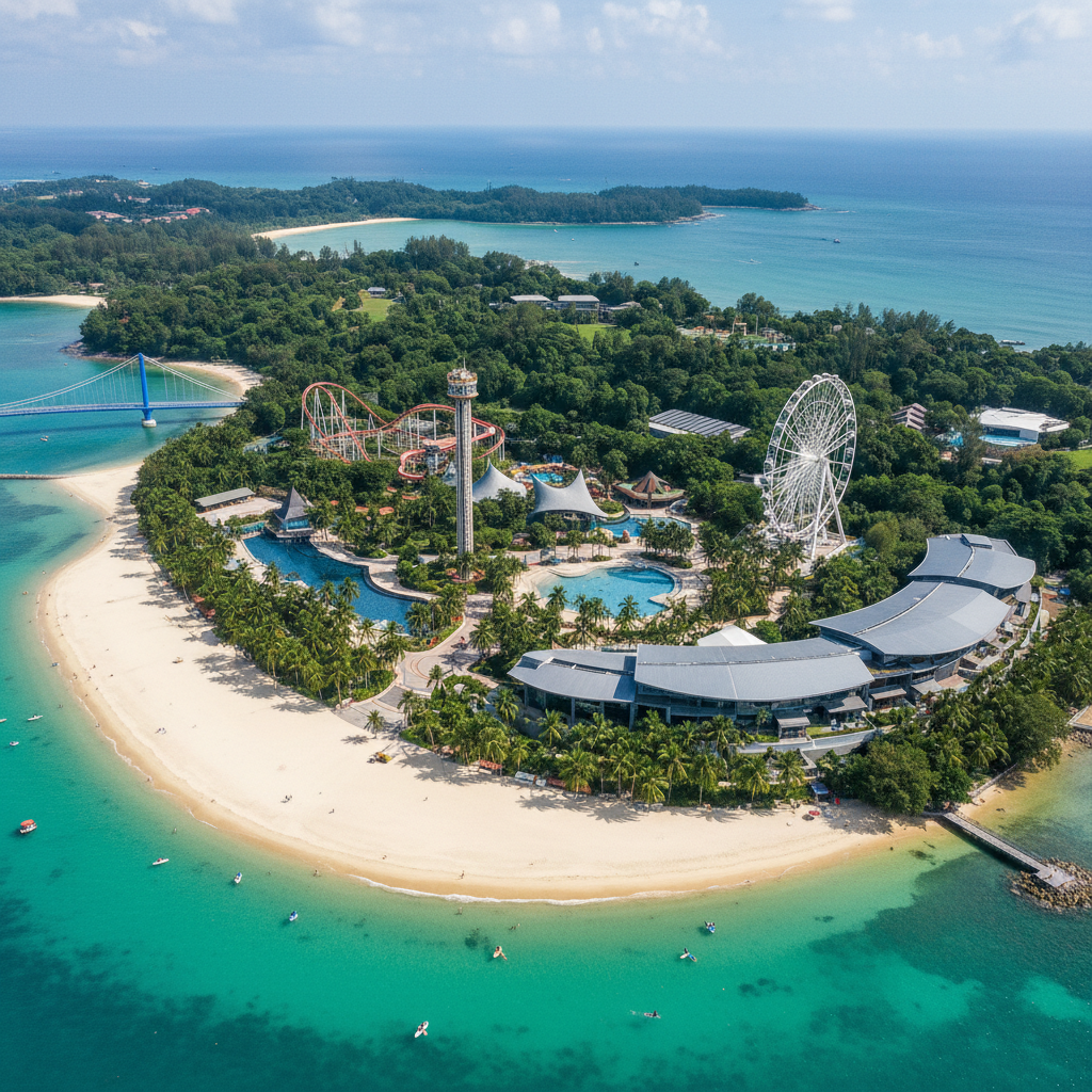 a vibrant aerial view of Sentosa Island, showcasing sandy beaches, theme park rides, and lush tropical greenery - hotel booking tips
