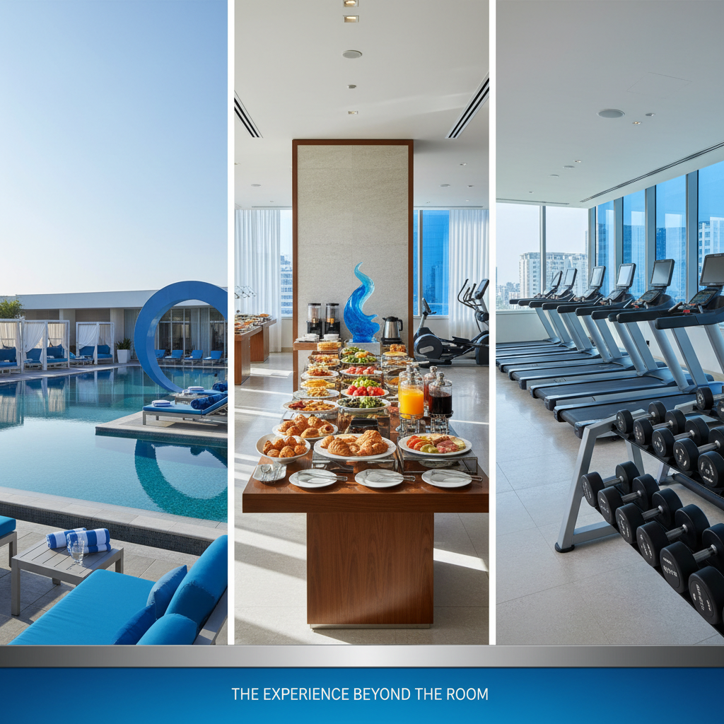 a hotel amenities display with a swimming pool, a buffet breakfast spread, and a fitness center, highlighting various se - hotel booking tips