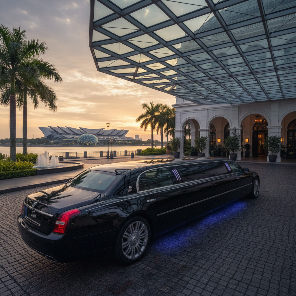 a sleek, modern black limousine parked elegantly in front of a grand hotel entrance in Singapore, with Changi Airport's - hotel booking tips