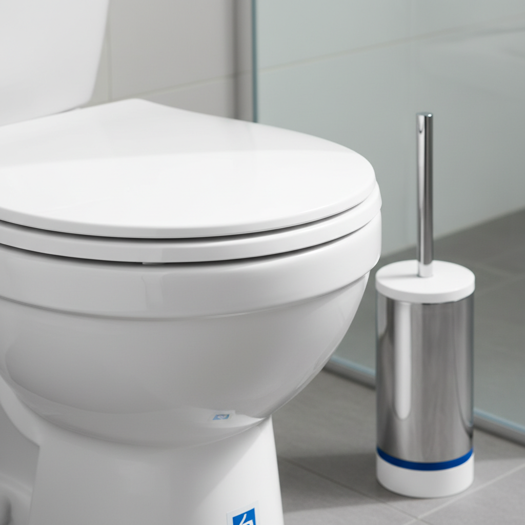 a close-up of a perfectly clean and disinfected toilet bowl, gleaming white, with a fresh toilet brush resting in its ho