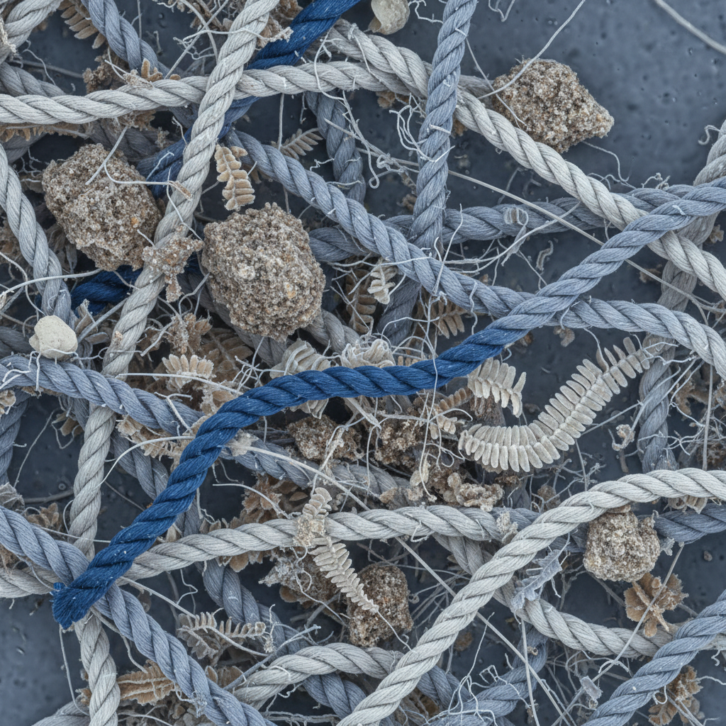 microscopic view of fabric fibers showing embedded dust, dirt, and pet dander, illustrating the unseen grime.