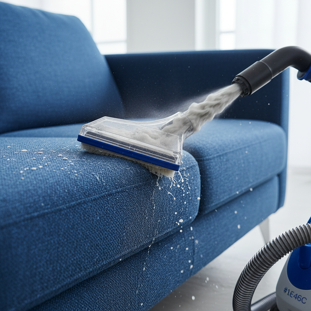 professional cleaning technician using specialized equipment to clean a sofa, with a clear focus on the suction and clea