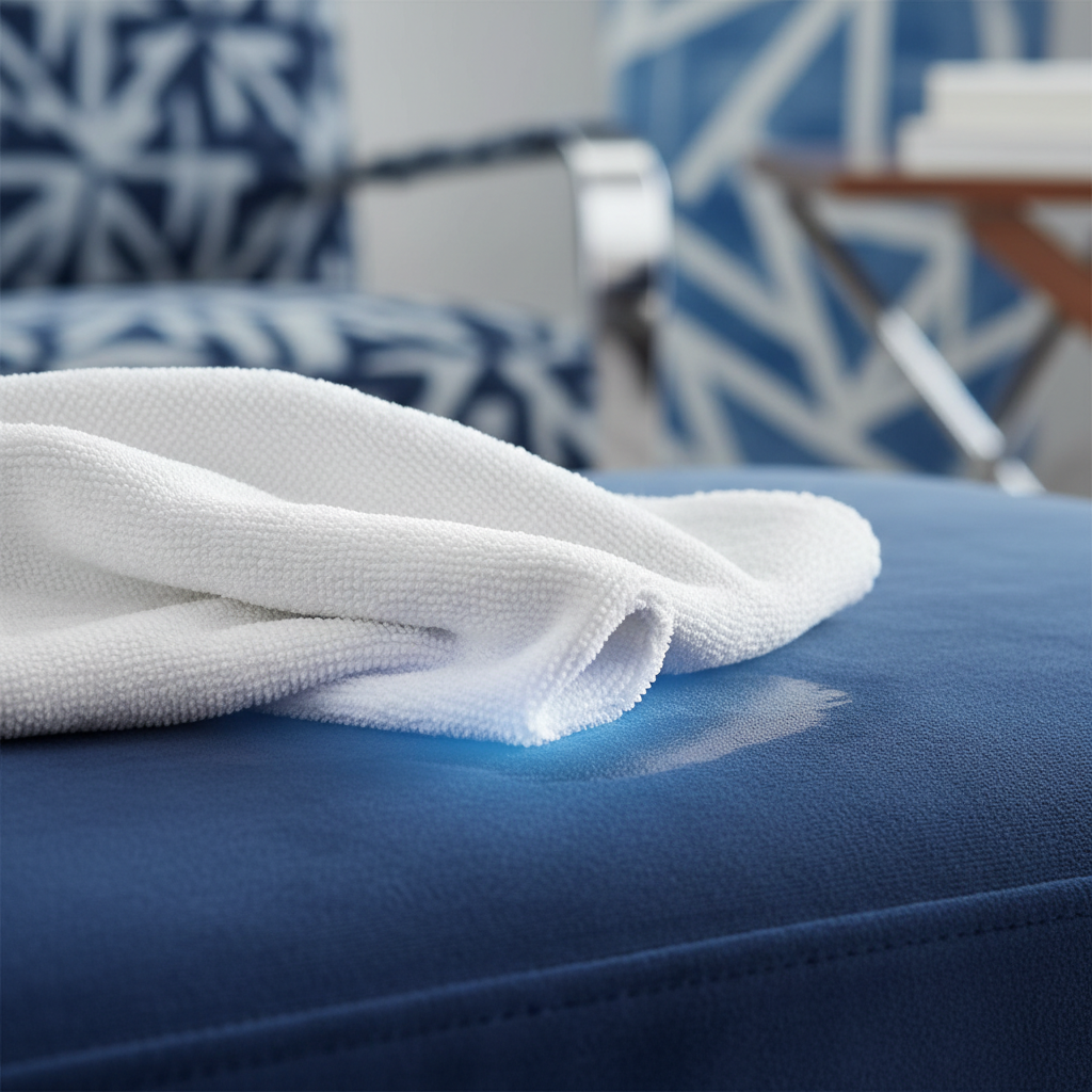 a clean, fluffy white cloth being dabbed onto a section of upholstery, illustrating a final inspection or drying process