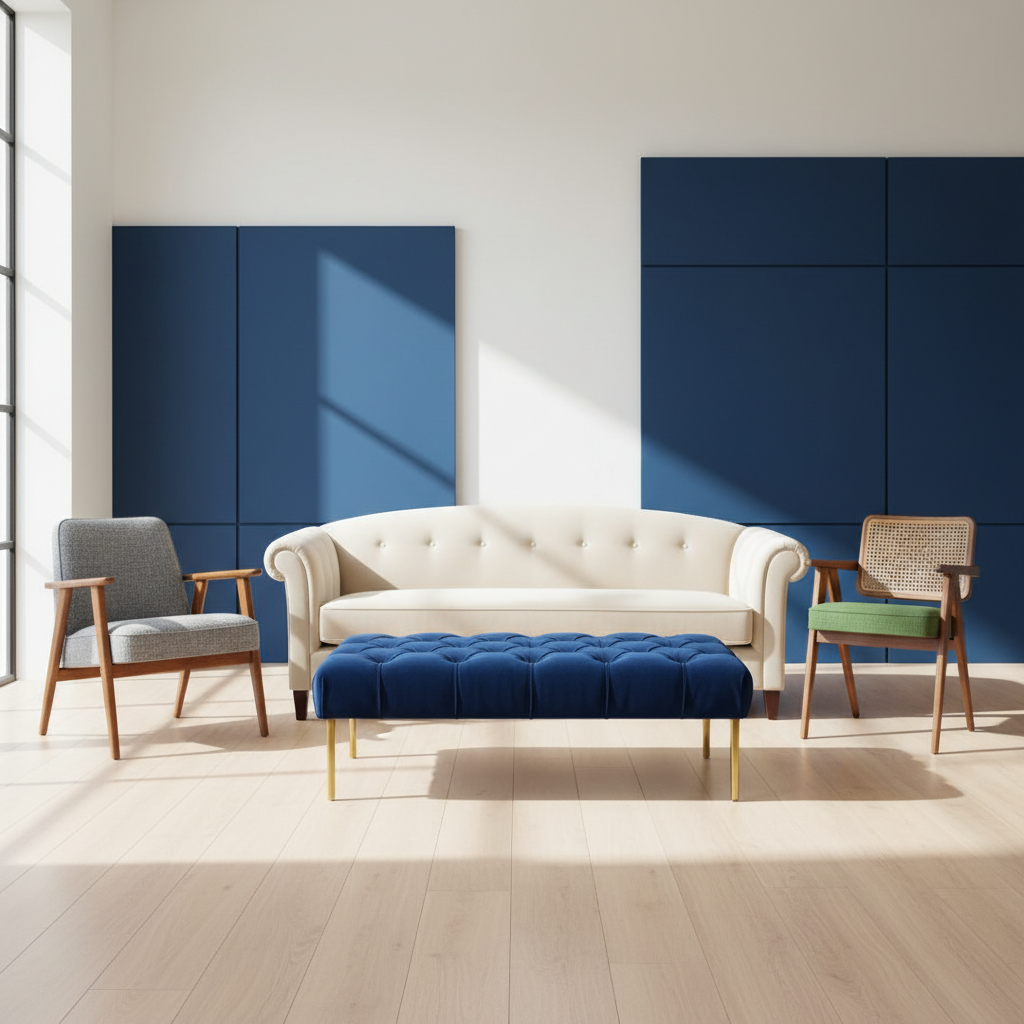 a collection of diverse upholstered furniture pieces — a classic sofa, a modern armchair, a tufted ottoman, and a dining