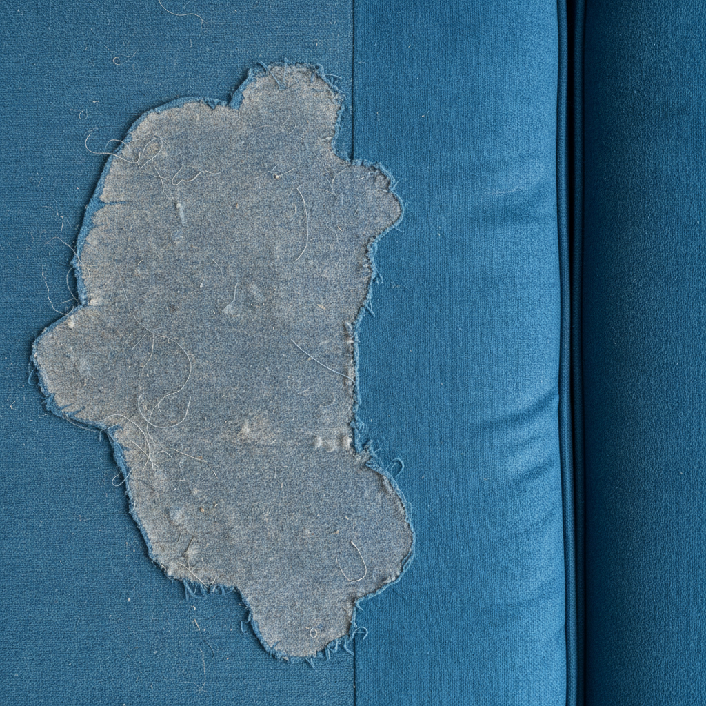 close-up of a section of upholstery showing a faded, dull patch next to a vibrant, clean patch, illustrating the impact 