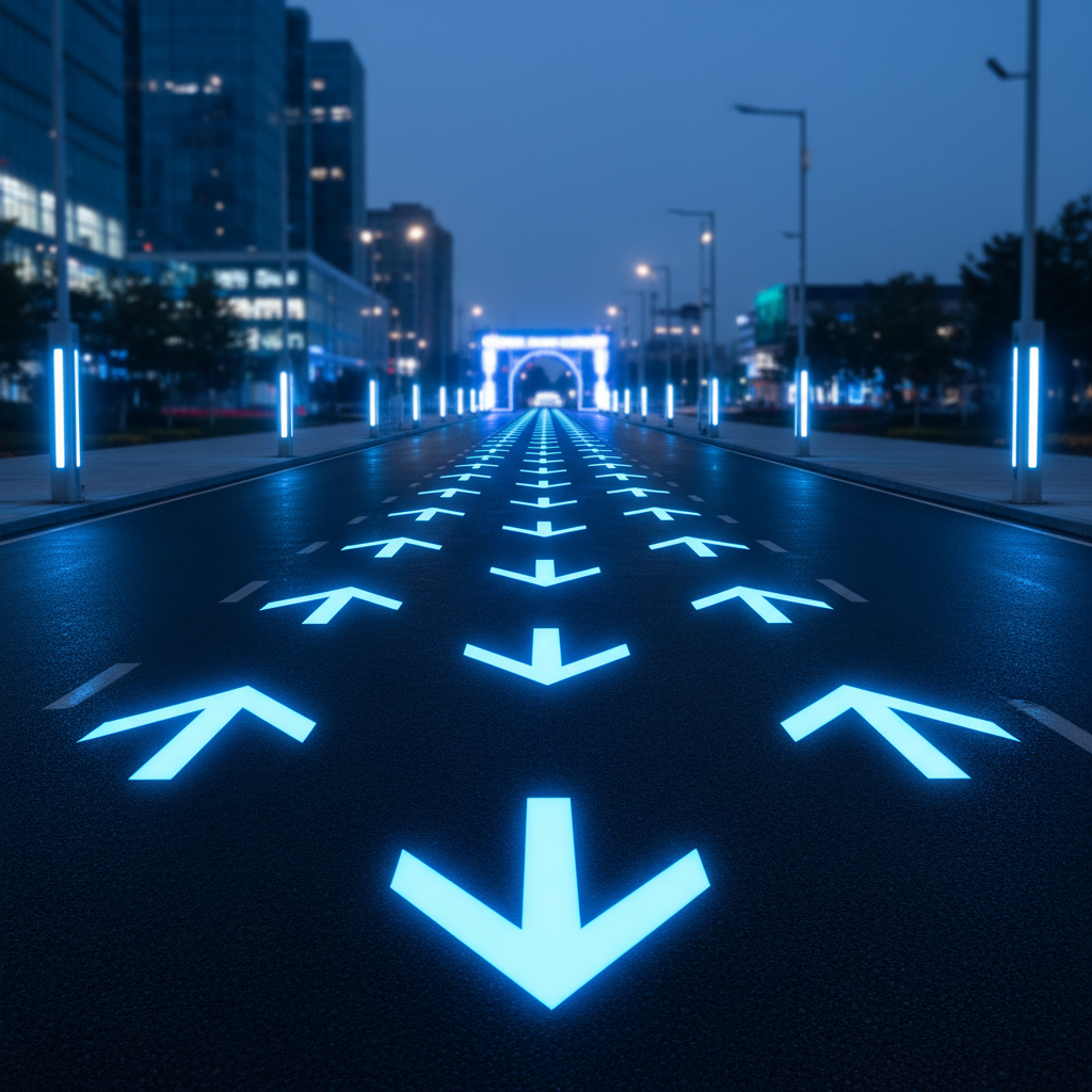 a depiction of clear, glowing directional arrows on asphalt at an event entrance, guiding vehicles seamlessly - event traffic management