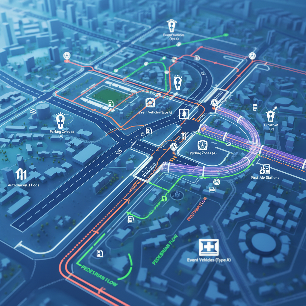 a detailed map showing various optimized routes for event traffic, color-coded for different types of vehicles and pedes - event traffic management