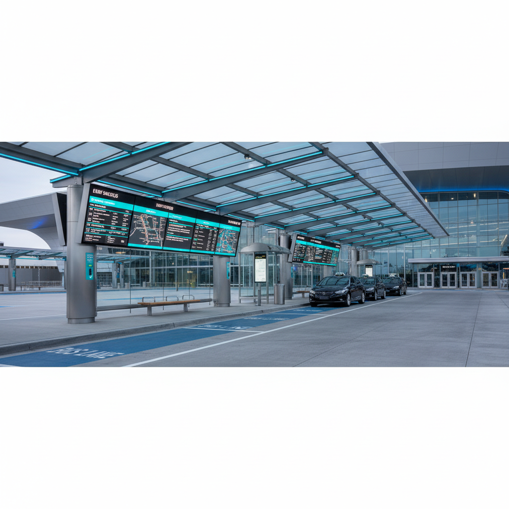 a well-lit bus stop and taxi stand area at an event venue, with digital signage displaying shuttle schedules and routes - event traffic management