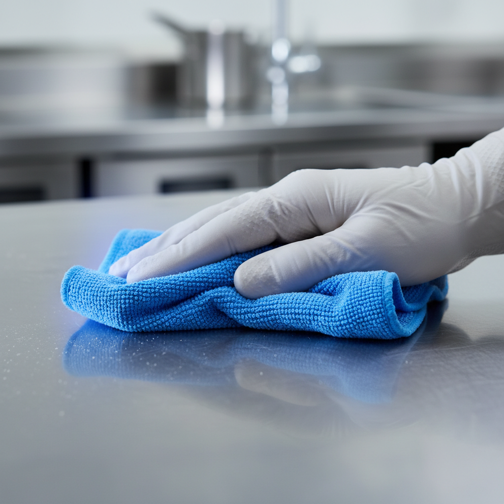 a close-up of a hand wearing a glove, holding a microfiber cloth, meticulously wiping down a polished stainless steel su