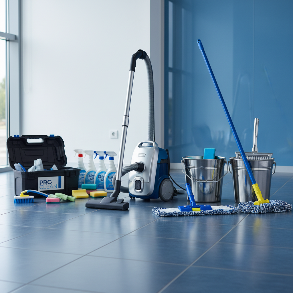 an array of professional cleaning tools neatly arranged, including a vacuum cleaner, mop, buckets, and various cleaning 
