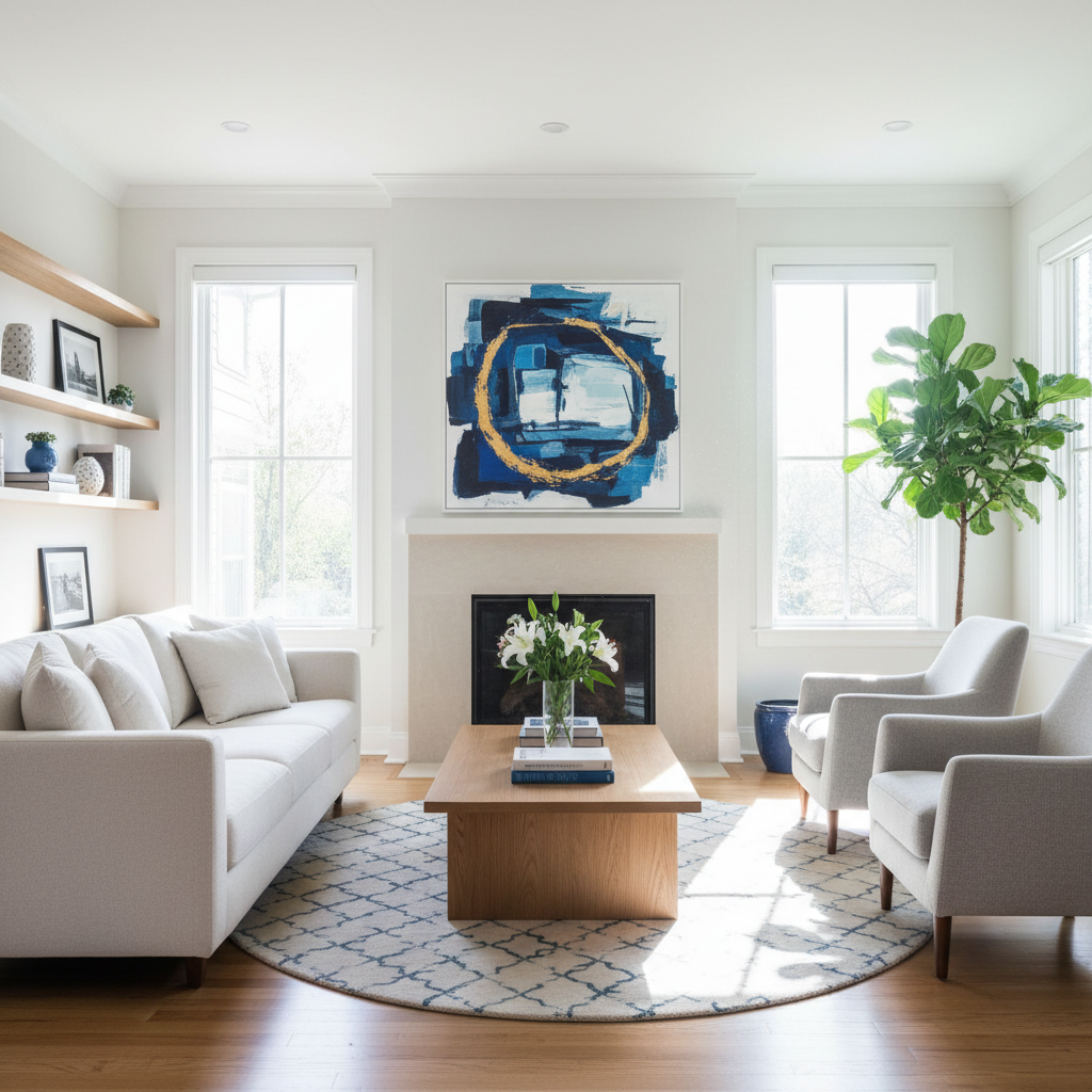 a beautifully cleaned and organized living room with a fresh, airy atmosphere, sunlight streaming through clean windows,