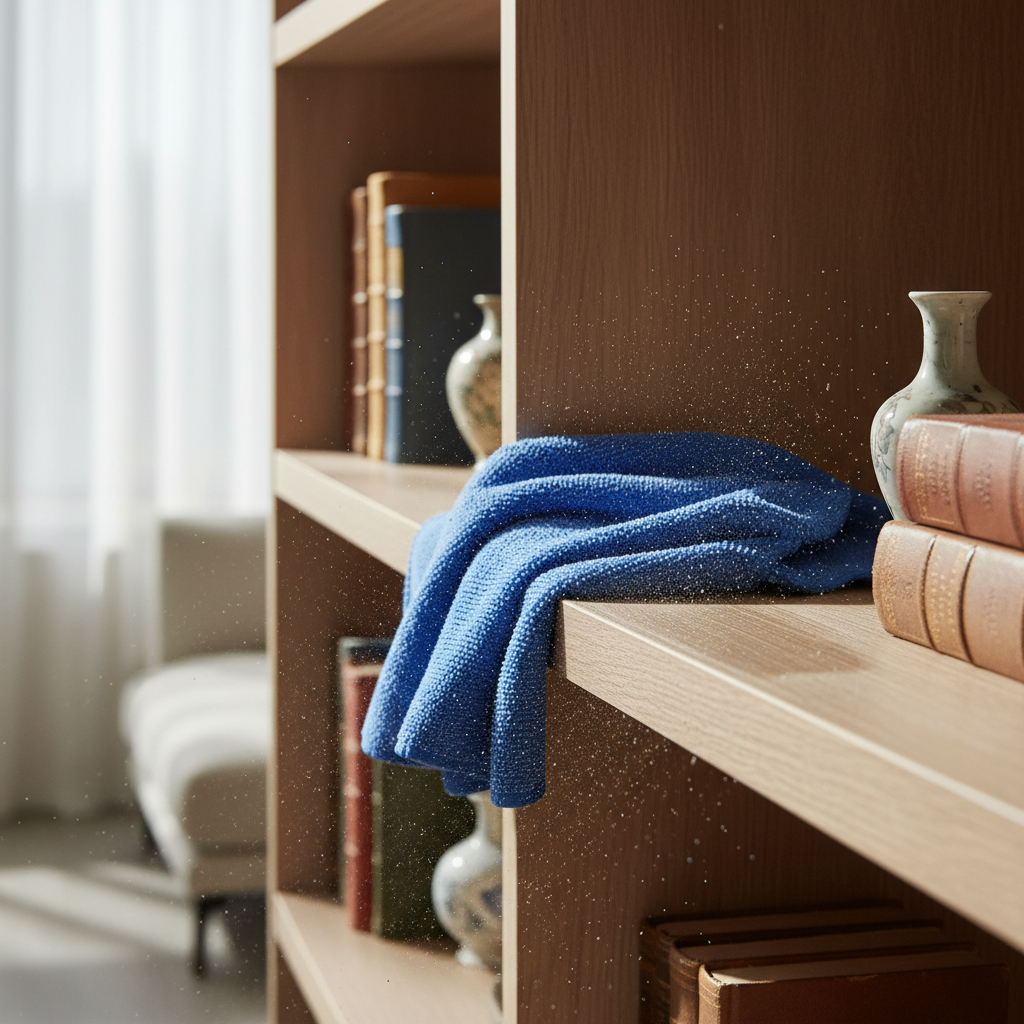 a microfiber cloth meticulously wiping dust from a clean, wooden bookshelf, highlighting the removal of daily grime.