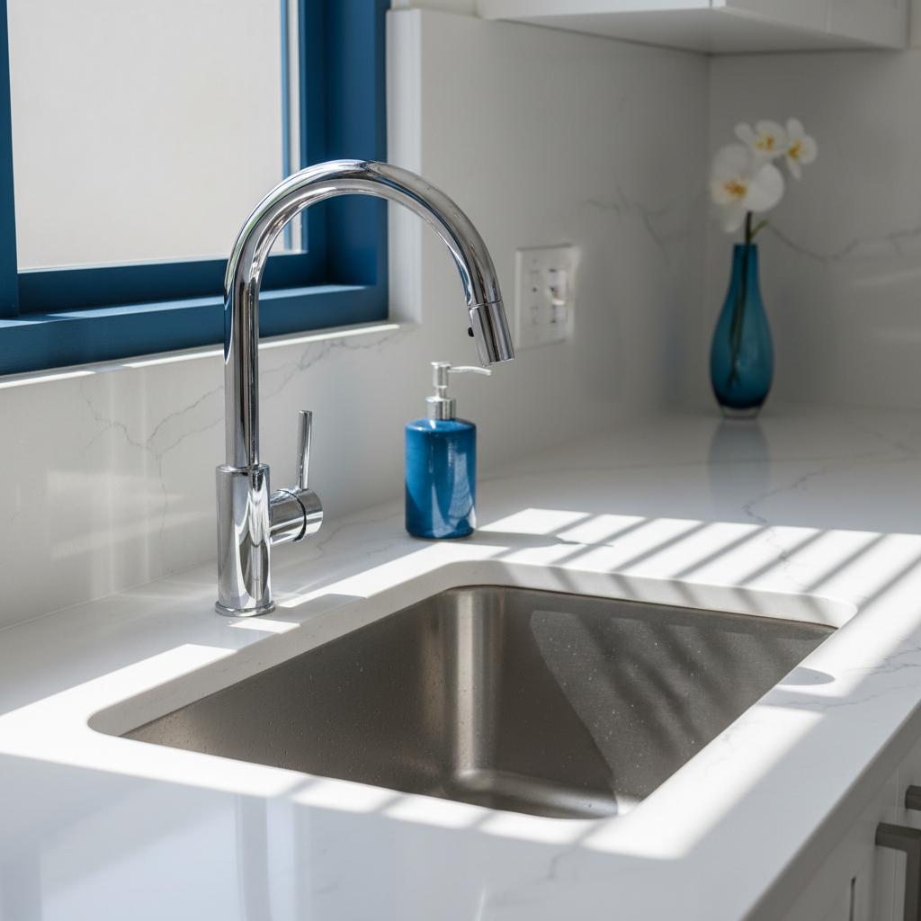 a pristine kitchen counter with a sparkling sink and polished faucet, reflecting light from a nearby window.