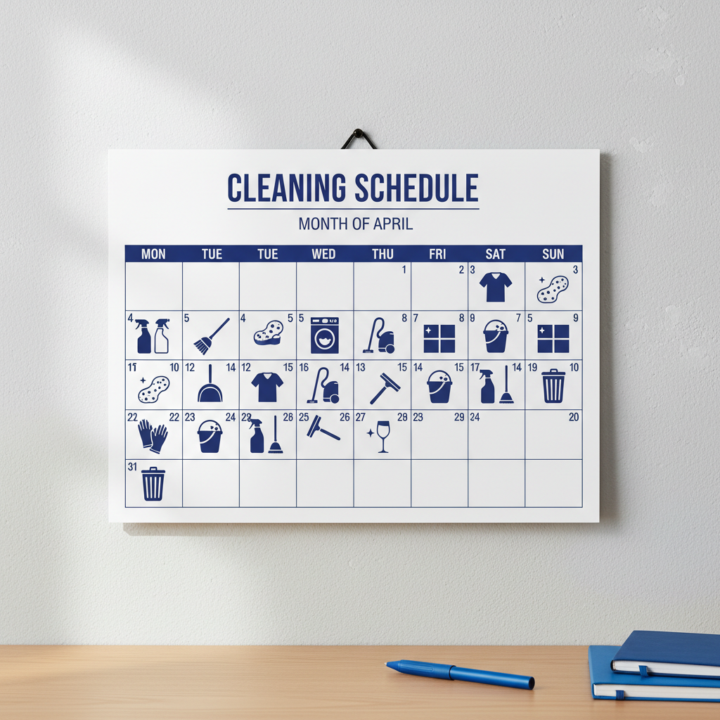 a calendar with various cleaning icons on different dates, representing flexible scheduling options.