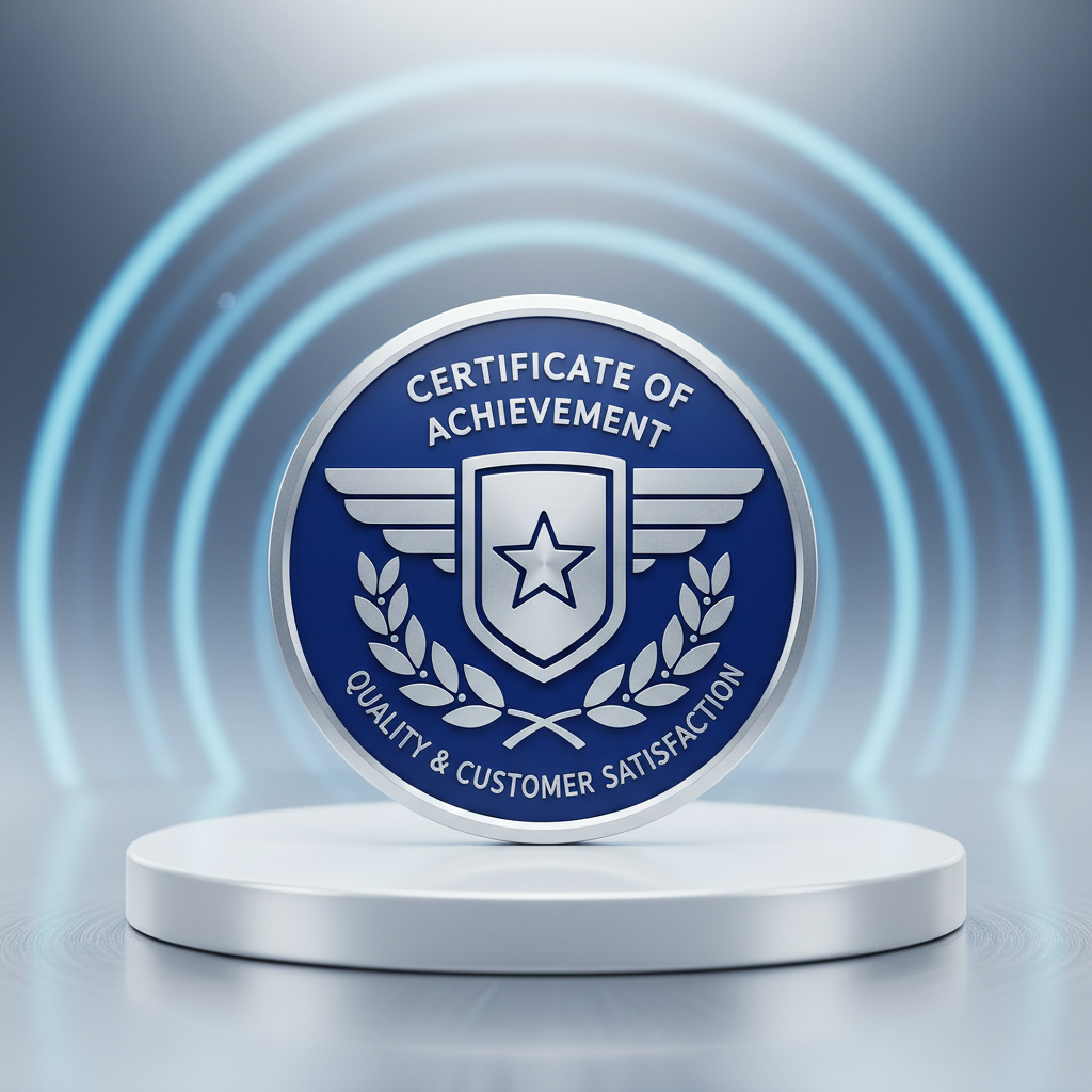 a certificate of achievement or a badge of excellence displayed prominently on a clean surface, symbolizing quality and 