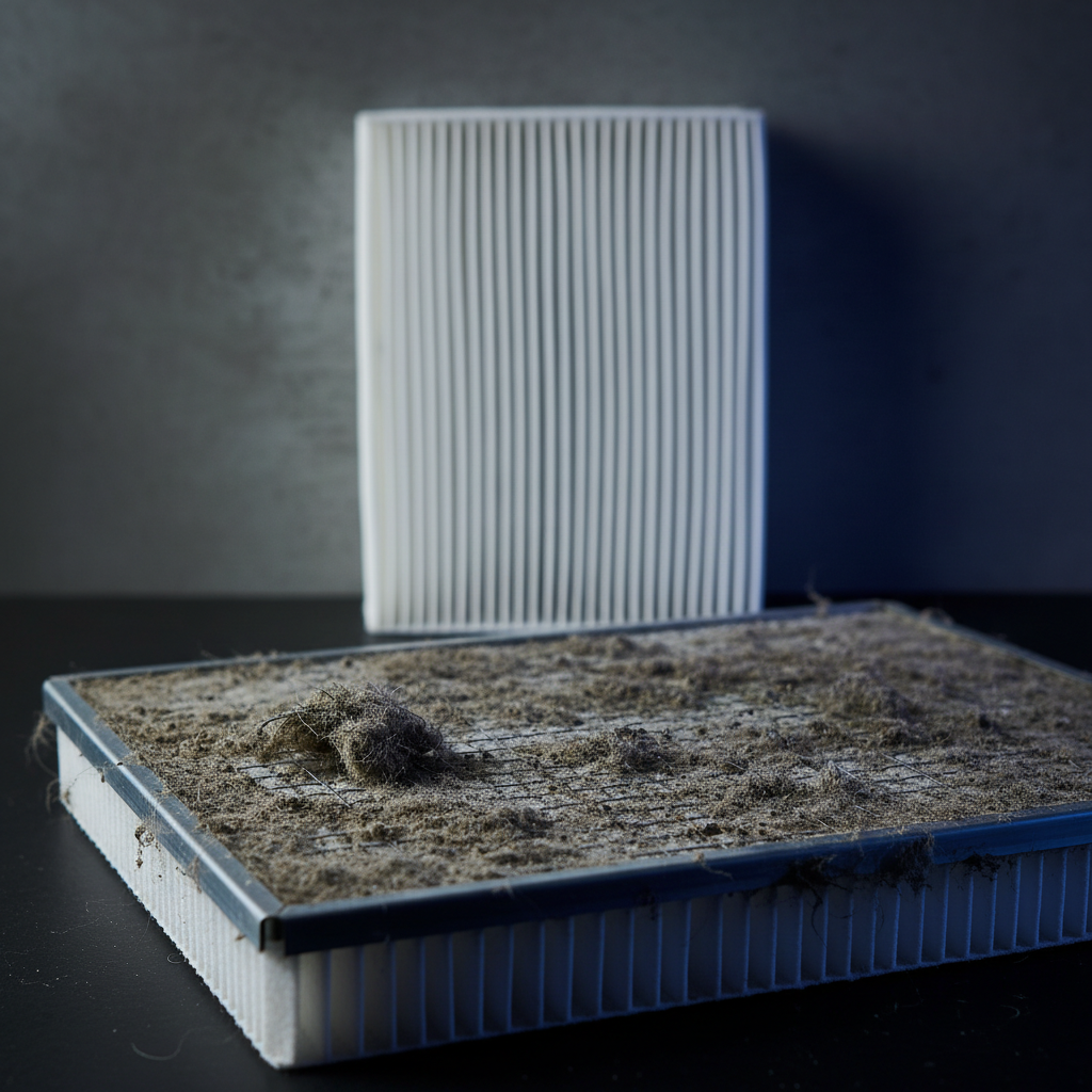 a close-up of a dirty air conditioning filter covered in dust and grime, contrasting with a clean filter in the backgrou