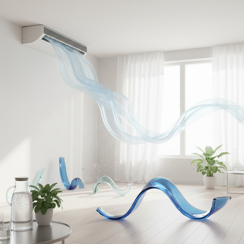 an abstract representation of fresh, clean air flowing from an air conditioner vent into a bright, airy room, symbolizin