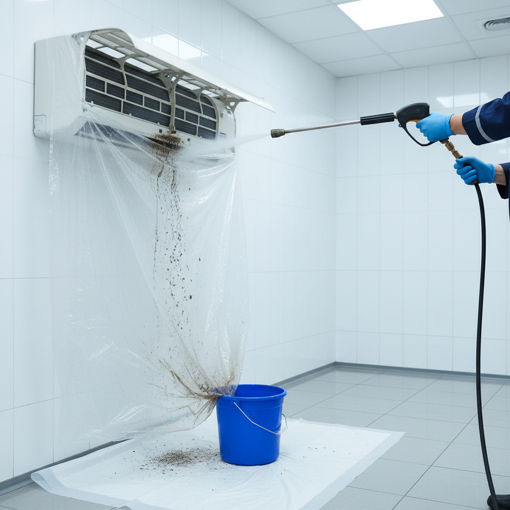 a technician in a sterile uniform using a high-pressure washer to clean an air conditioner's indoor unit, with water and