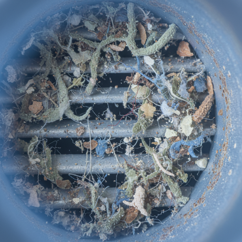 a microscopic view of mold spores and dust particles mixed together, highlighting the unseen contaminants in the air, wi
