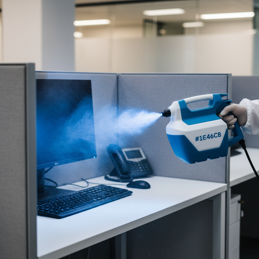 a close-up of a worker in protective gear using an electrostatic sprayer to disinfect an office cubicle, highlighting th