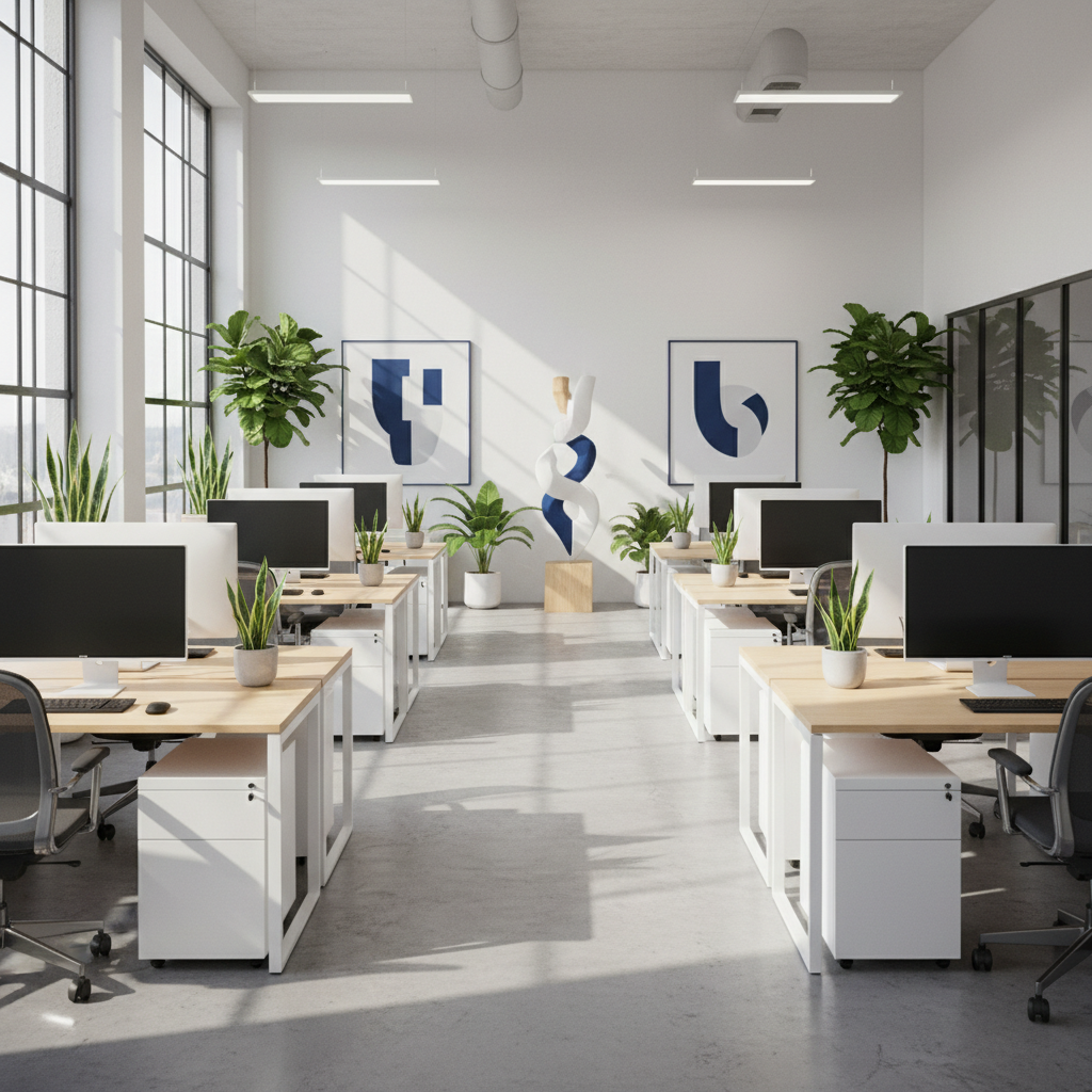 a clean, minimalist office space with sunlight streaming in, perfectly ordered desks, and green plants, symbolizing a he