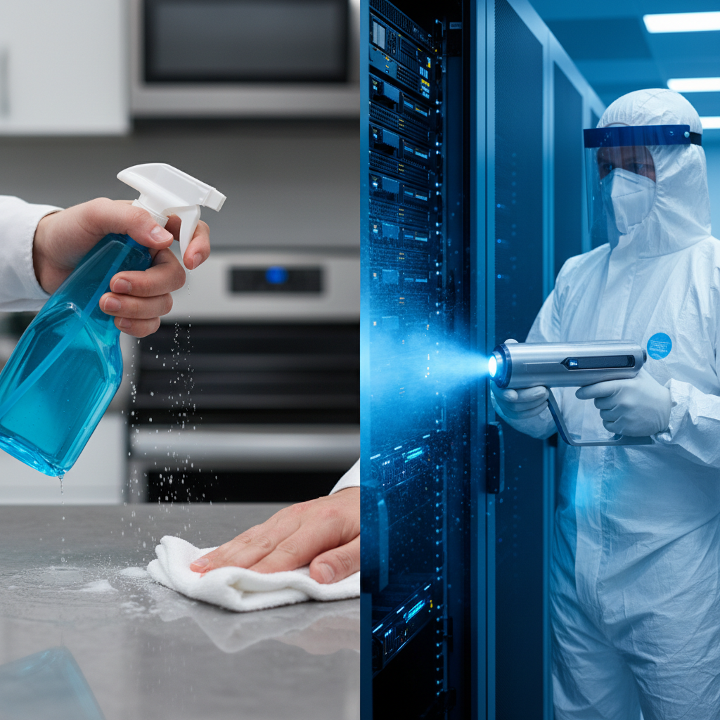 a split image: one side showing a person cleaning a surface with a standard cloth and spray bottle, the other side showi