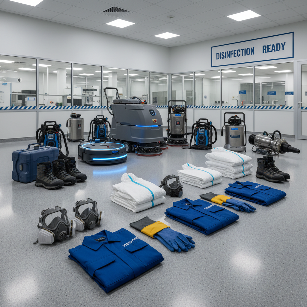 a diverse team of professional cleaners in crisp, branded uniforms and appropriate PPE, standing confidently in a clean,