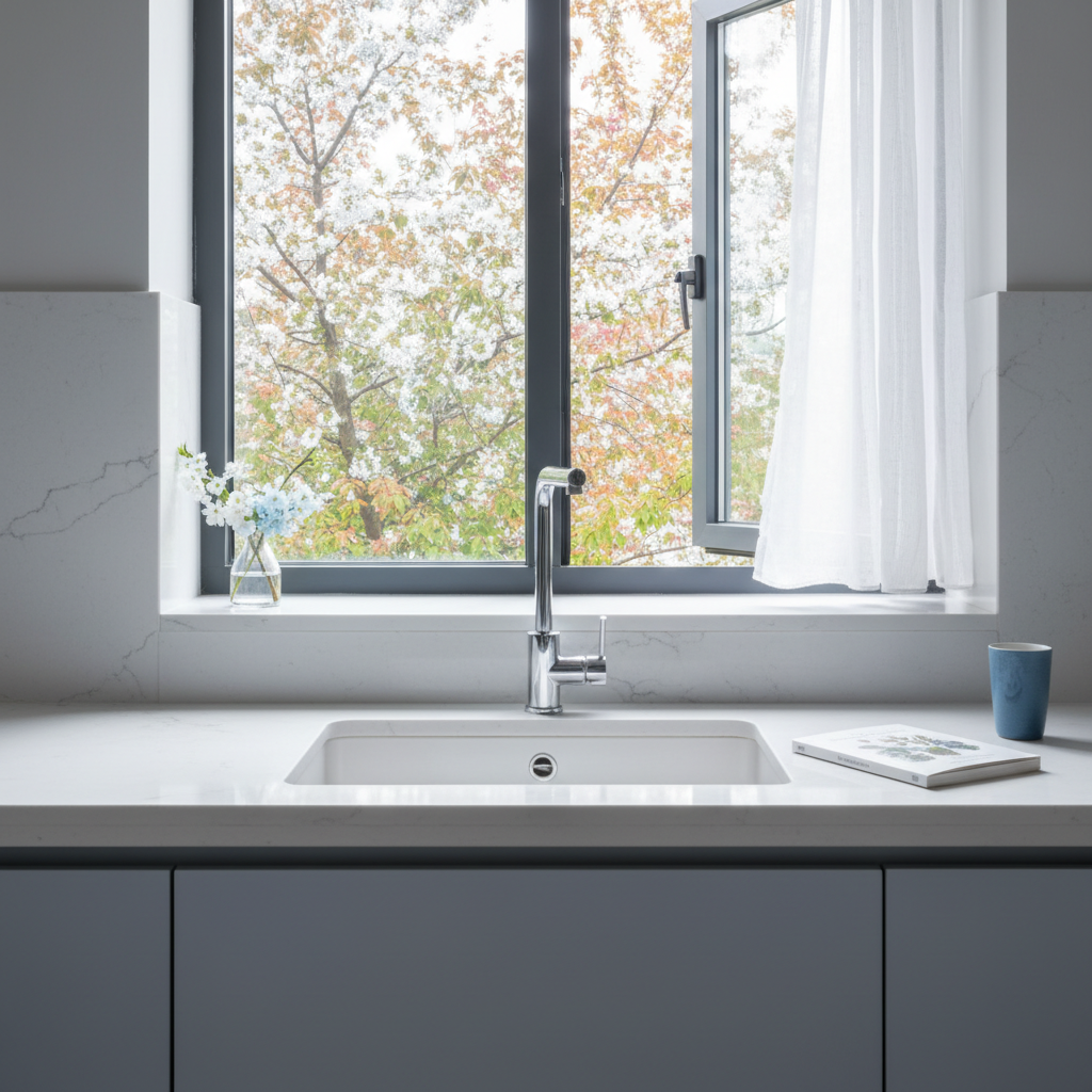 a serene illustration of a clean, minimalist kitchen counter with a window offering a view of blooming trees, hinting at