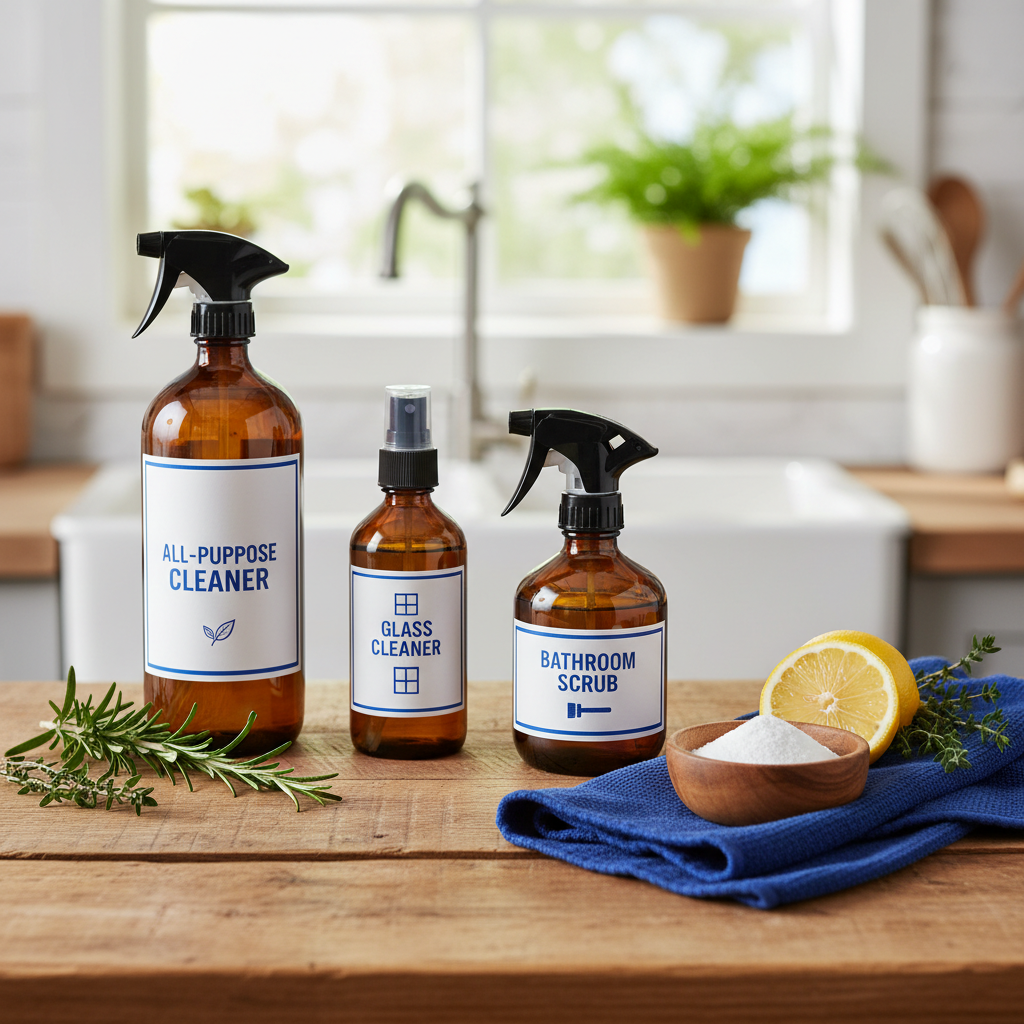 a wooden countertop displaying a collection of amber glass spray bottles, each labeled with common eco-friendly cleaning
