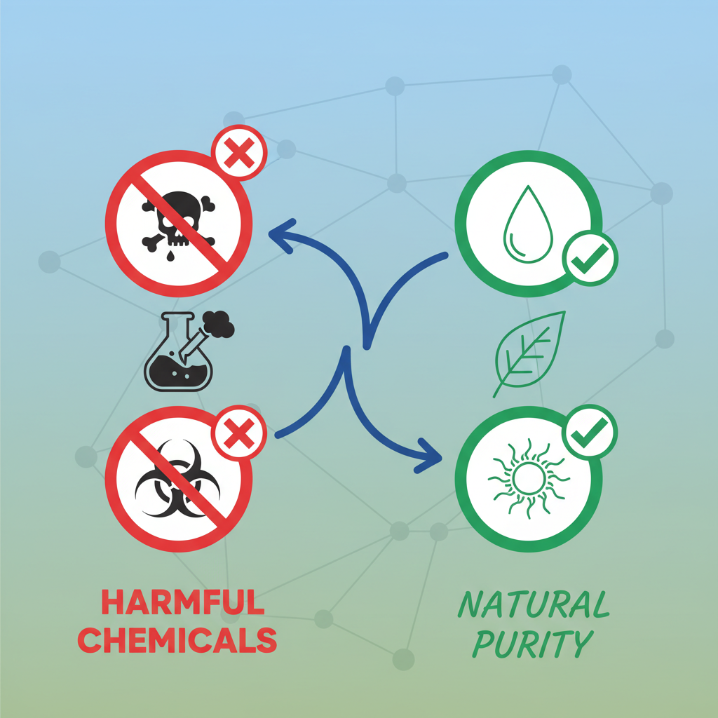 a stylized infographic illustrating harmful chemicals in red cross-out circles, contrasted with green checkmarks next to