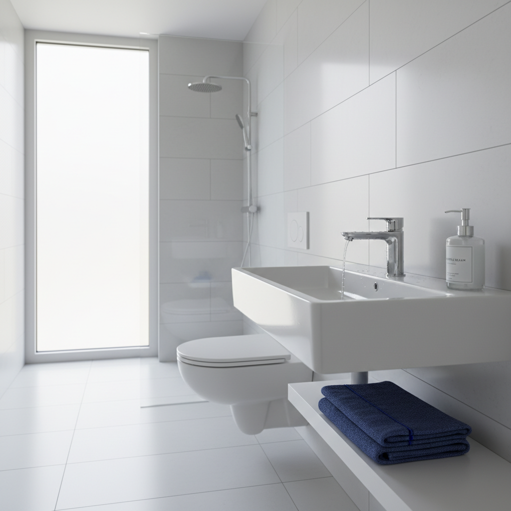 a clean, modern bathroom interior with a minimalist design, showcasing sparkling white tiles and a reflective chrome fau