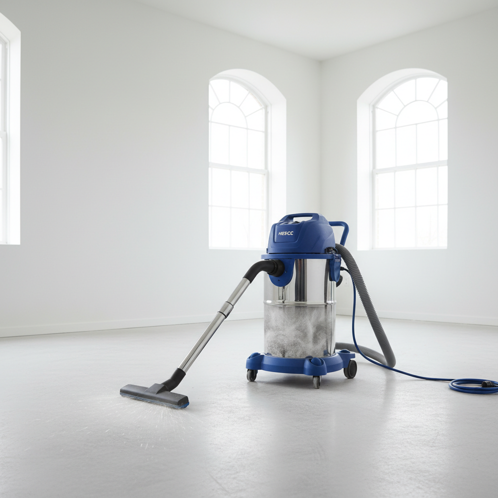 a powerful industrial-grade HEPA vacuum cleaner operating in a clean, empty room after renovation, capturing fine dust p