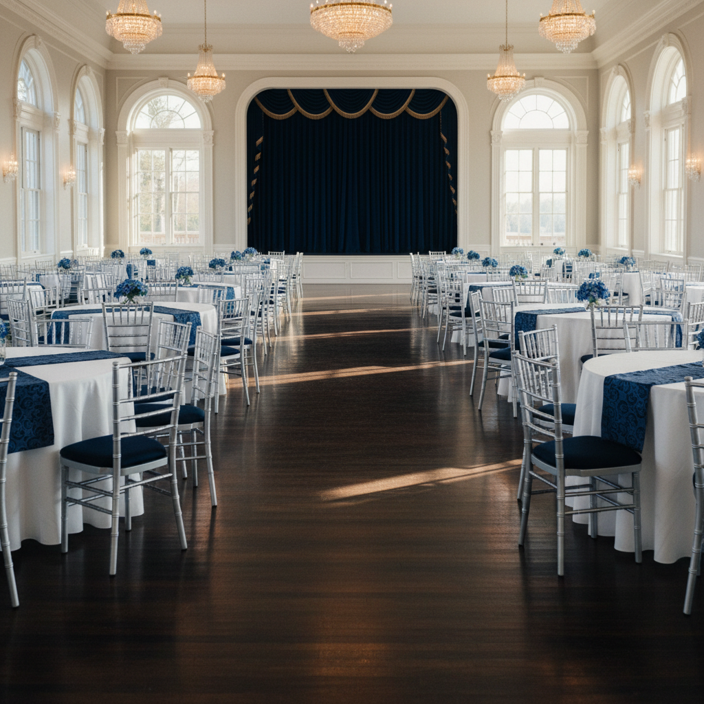 a pristine, empty banquet hall with polished floors, clean windows, and neatly arranged chairs and tables, ready for an 