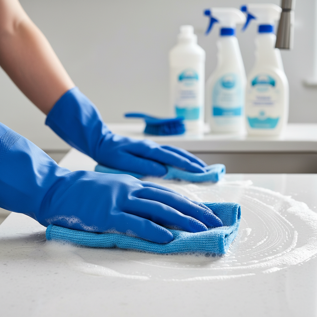 a close-up of gloved hands wiping a sparkling kitchen countertop, with cleaning supplies blurred in the background, depi