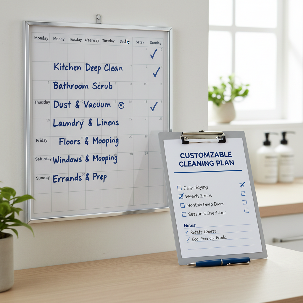 a calendar with cleaning tasks marked for different days, next to a checklist on a clipboard, illustrating customizable 
