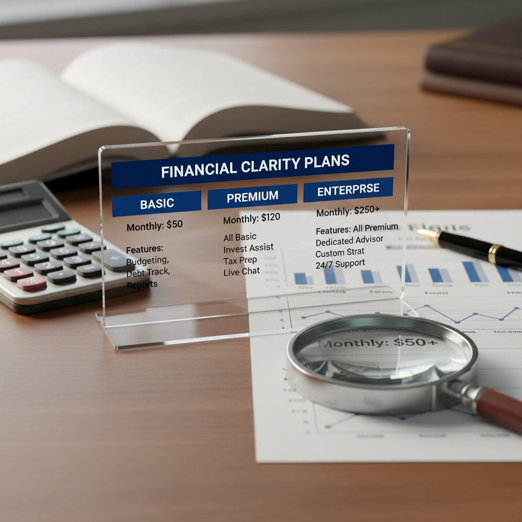 a clear pricing chart showing different service tiers and costs, with a calculator and a magnifying glass nearby, symbol