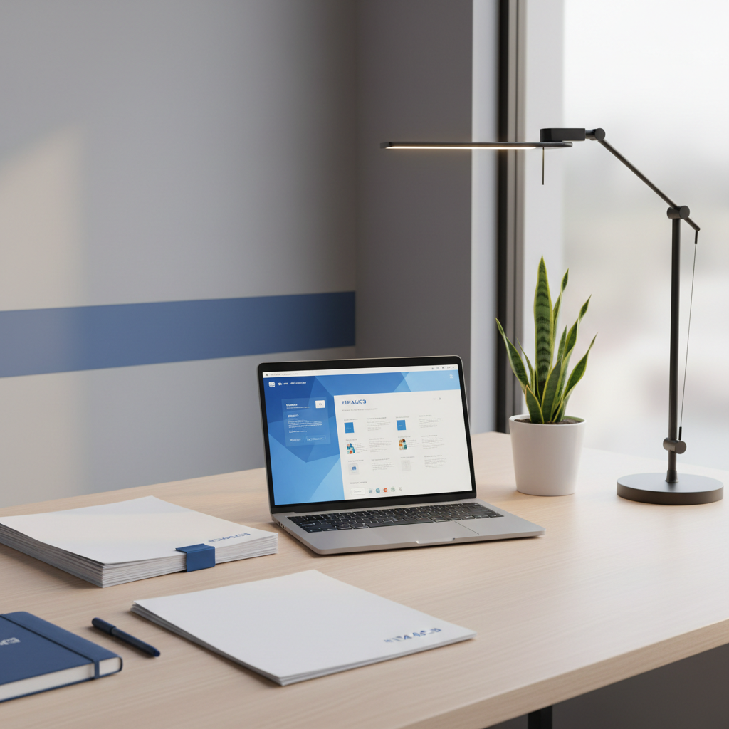 a clean professional office desk with a laptop, organized documents, and a potted plant, well-lit