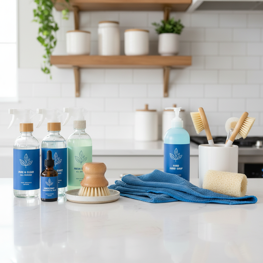 various eco-friendly cleaning bottles and tools neatly arranged on a counter, sparkling surface