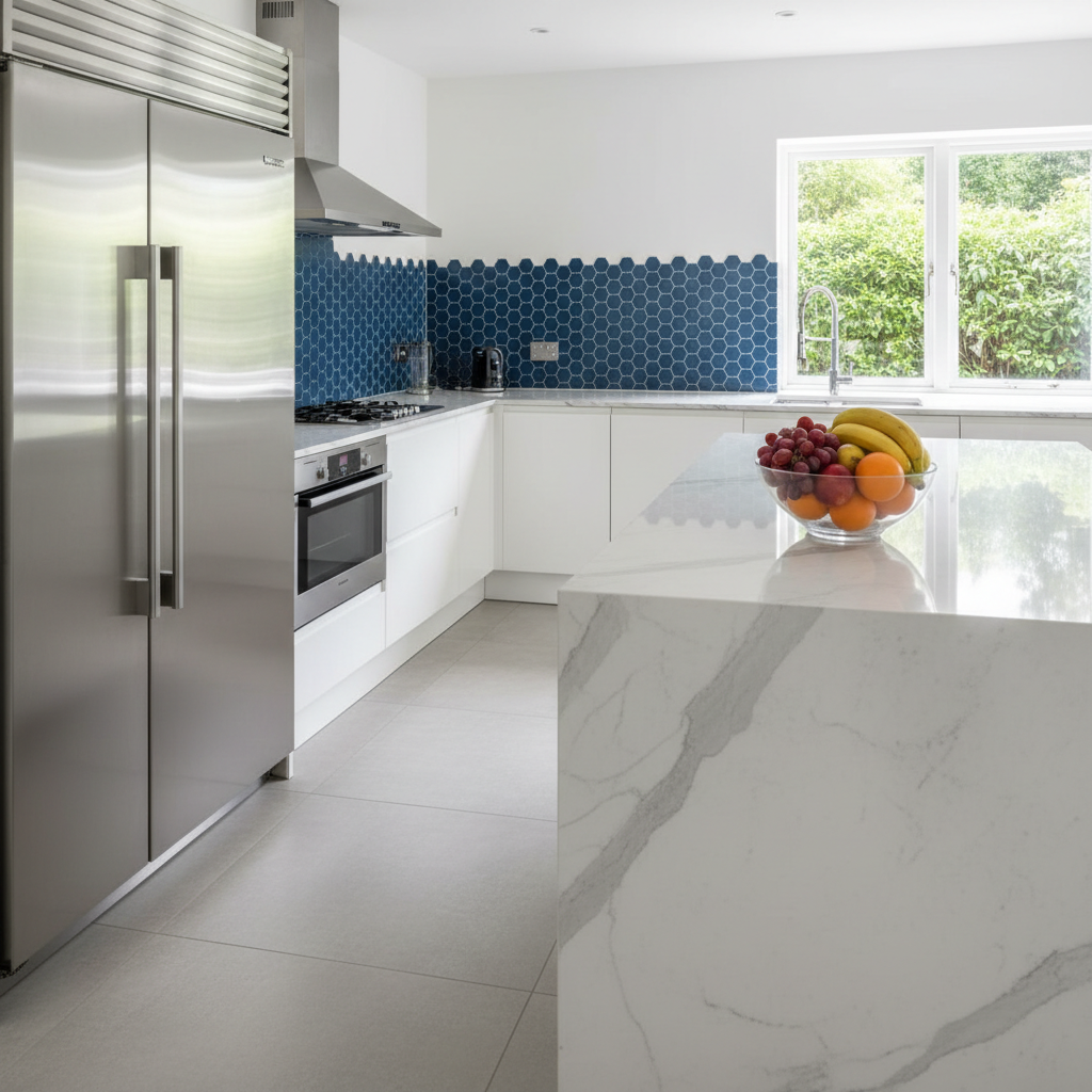 a pristine, freshly cleaned kitchen, stainless steel appliances gleaming, fruit bowl on island
